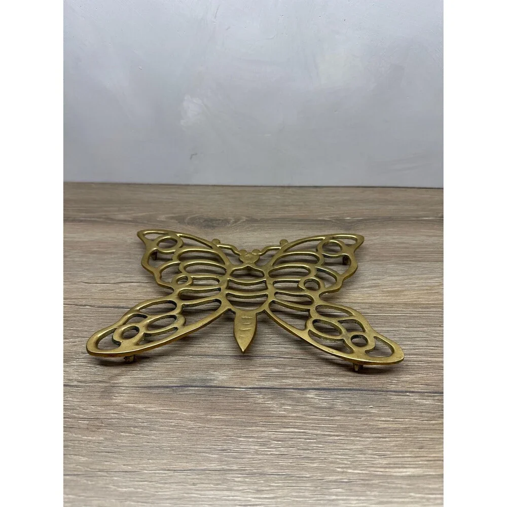 Vintage Solid Brass Butterfly Trivet Hot Plate Butterfly Kitchen Decor, 8.5 Inch